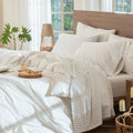 MooMee King Striped Washed Cotton Linen-Like Bed Sheet Set - Wide White & Tannish Grey