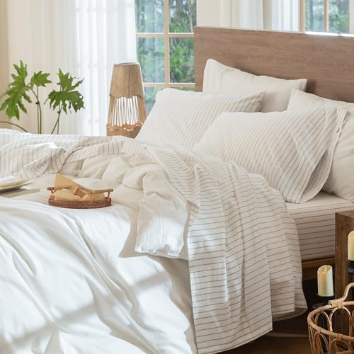 MooMee King Striped Washed Cotton Linen-Like Bed Sheet Set - Wide White & Tannish Grey
