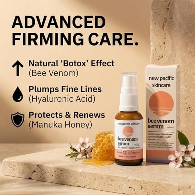 Bee Venom & Manuka Honey 45+ MGO Serum with Retinol - Firming, Anti-Wrinkle Face Serum with Hyaluronic Acid & Vitamin C, 1oz - New Pacific Skincare