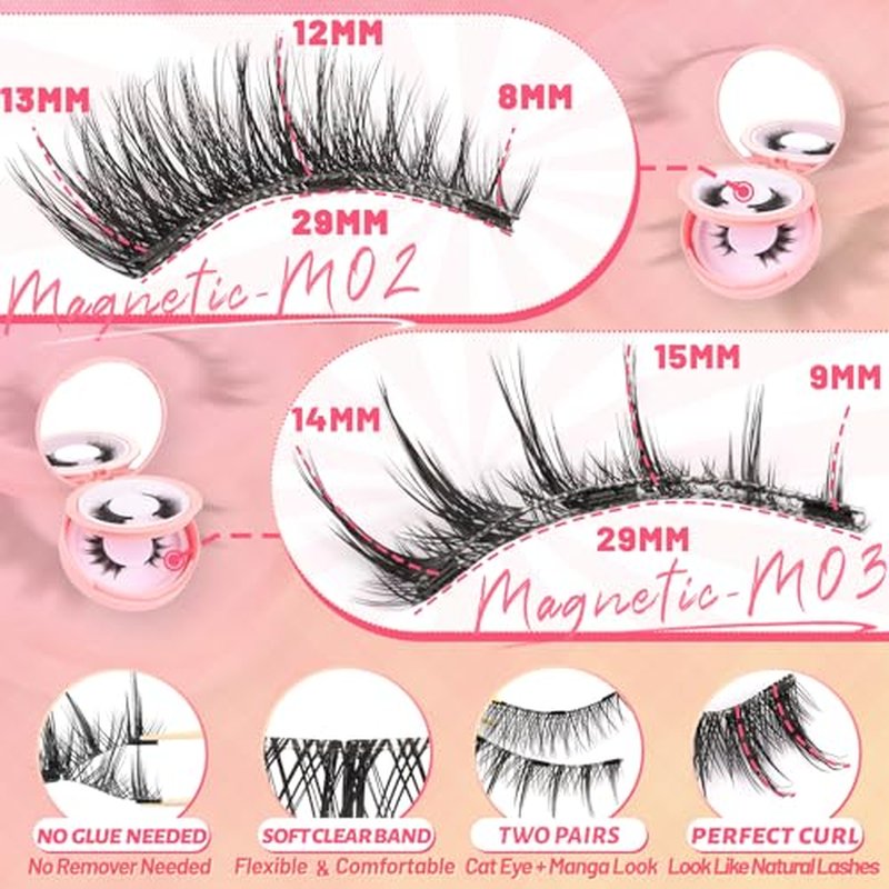 Ahrikiss Magnetic Eyelashes 2 Pairs Reusable Magnetic Lashes with Applicator Manga Lashes Natural Look No Glue Needed Lash Kit Wispy Cat Eye False Eyelashes with Magnets (M02+M03)