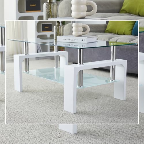 Kebynti White Rectangular Glass Coffee Table - Modern Living Room Furniture