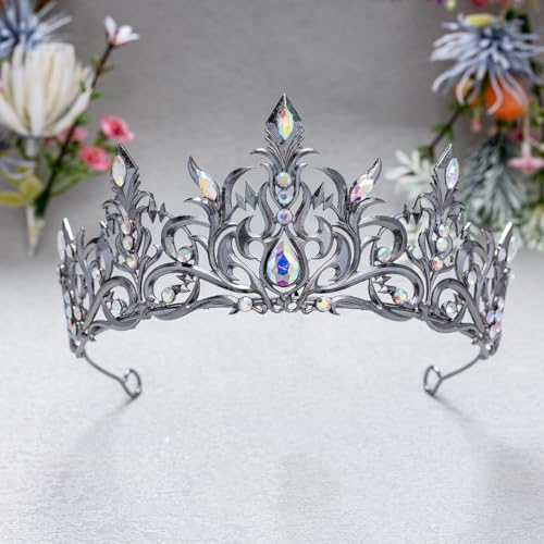 Dark Queen Gunmetal AB Crystal Tiara Crown for Women - Gothic Royal Headpiece