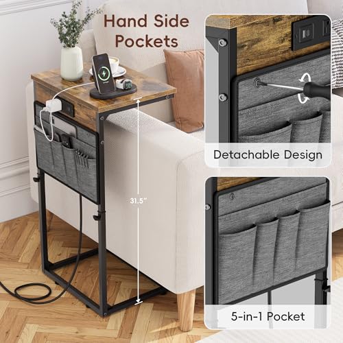 Vagusicc 2-Piece Adjustable C-Shaped End Table Set with Charging Station - Rustic Brown, 16''D x 12''W x 18-32''H