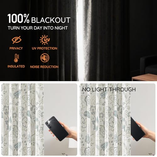 Blackout Jacobean Floral Curtains Set 40W x 84L - Blue Grey Bedroom Drapes - Variation of THIS listing