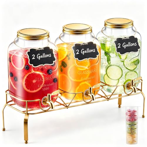 2 Gallon Beverage Dispenser 3 Pack with Metal Stand & Spigot - Glass Drink Dispensers for Parties