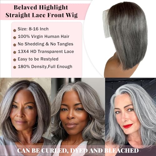 Straight Salt & Pepper Grey Short Bob Lace Front Wig 12 Inch - No Shedding