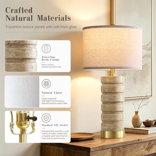 Travertine Resin Table Lamps Set of 2 - Warm Beige with Brass Bases