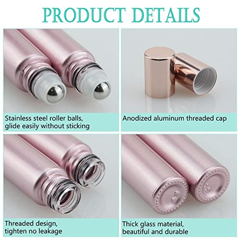 8PCS 10ml Rose Gold Frosted Glass Essential Oil Roller Bottles Leak Proof Glass Bottle with Stainless Steel Balls and Anodized Aluminum Screw Cap for Perfume & Aromatherapy Oils