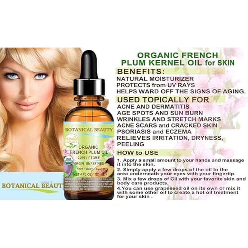 Botanical Beauty Organic French PLUM OIL 100% Pure Natural VIRGIN UNREFINED Cold-Pressed Carrier Oil for Face, Skin, Body, Hair, Lip, Nails. Rich in Vitamin E, Omega 6, Omega 9 (4 Fl Oz)