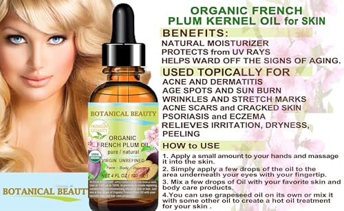 Organic French Plum Oil 4 Fl Oz - Pure Natural Moisturizer for Face, Skin, Hair & Lips