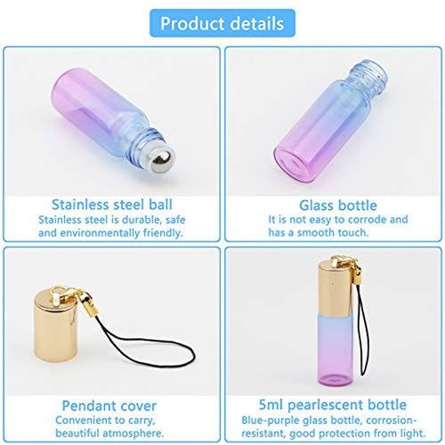 10 Pack 5mL Glass Roller Bottles Blue Purple Gradient with Keychain Rollerball Applicator for Essential Oils Perfume DIY Crafts Samples Eye Care Leak Proof Portable Refillable Empty