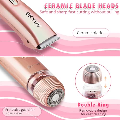 Bikini Trimmer for Women, SKYUV 2 in 1 Electric Razors Bikini Shaver, IPX7 Waterproof & Easy Cleaning, Ceramic Blade, USB Recharge, Cordless Body Hair Trimmer, Facial & Pubic Hair Removal