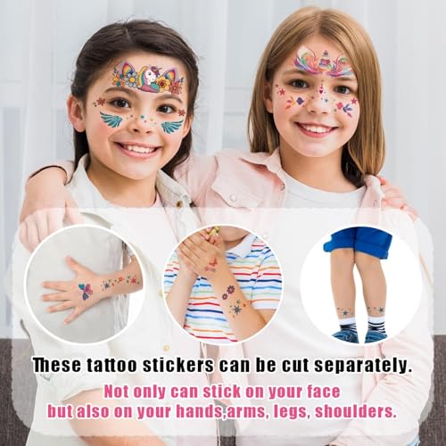 Partywind Face Temporary Tattoos for Girls, Waterproof Fake Tattoos for Kids Party Supplies Favors, Face Tattoos for Children Birthday Party Games, Special Party Goodie Bag Stuffers Fillers