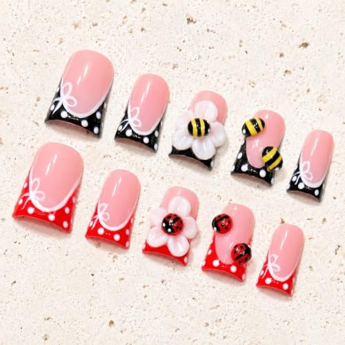 D-409-0 10pcs Short Square Black Red Polka Dot Fake Nails with 3D Bee & Ladybug Designs - Hand Made Flower Stick On Nails Kit for Women