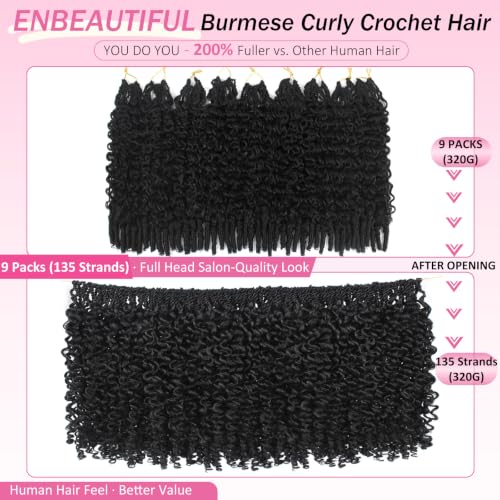 9 Pack 14 Inch Burmese Curly Crochet Hair - Nat&Silk Fiber, 1B