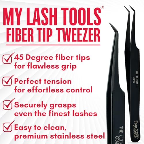45 Degree Volume Fiber Tip Lash Tweezer ? The Ultimate Grab, Professional Eyelash Extension Tweezers, Precision Fan Making, Plain Grip (Black)
