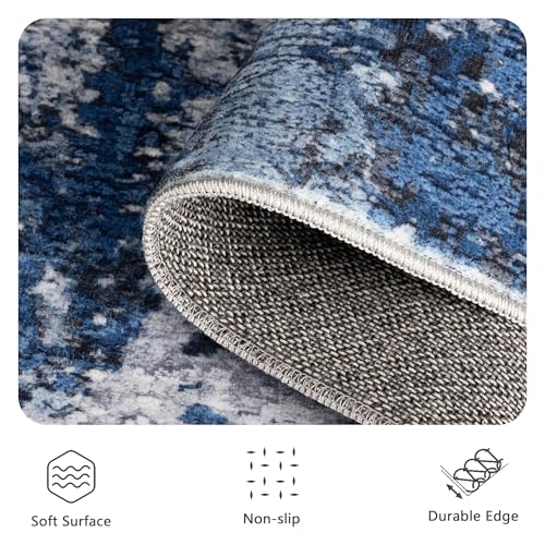 Ocean Blue 8x10 Abstract Modern Washable Rug - Non-Slip Low Pile Living Room Carpet