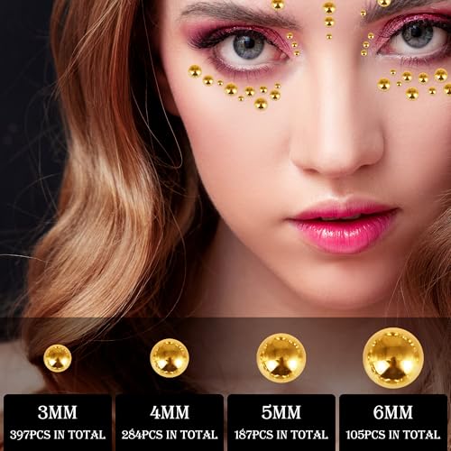 973Pcs Face & Hair Gems Stickers Fake Piercings? Self-Adhesive Face Jewels & Rhinestones for Eyes, Body, Makeup, Festivals ? 3/4/5/6mm DIY Rave Accessories for Girls, Teens & Women (Golden)