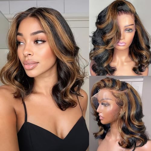 Highlight Ombre 13x6 Body Wave Lace Front Wig Human Hair - FB/30 Multicolor, 14 Inch