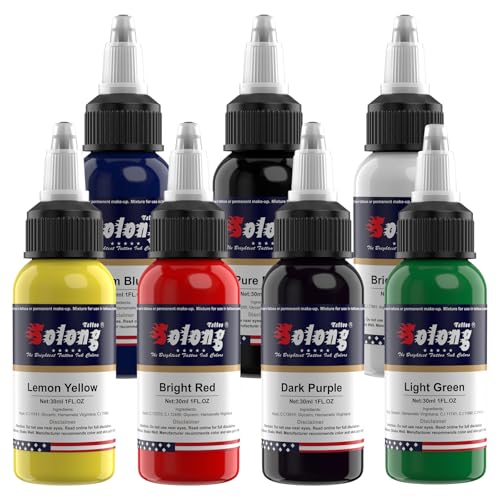 Solong Tattoo Ink Color Set - Professional 7 Color Pigment Kit for Outlining & Shading