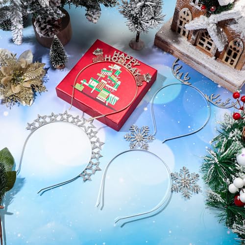 Christmas Headbands for Women - Rhinestone Reindeer & Snowflake - Silver