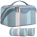 BOYATU Travel Makeup Bag Cosmetic Bag for Women: 3 Pcs Set Make up Bag with Compartments - Waterproof Vegan Leather Toiletry Bags with Handle - Makeup Organizer for Travel Essentials(C-1-Blue)