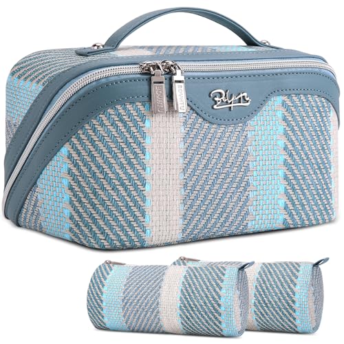 BOYATU Travel Makeup Bag Cosmetic Bag for Women: 3 Pcs Set Make up Bag with Compartments - Waterproof Vegan Leather Toiletry Bags with Handle - Makeup Organizer for Travel Essentials(C-1-Blue)