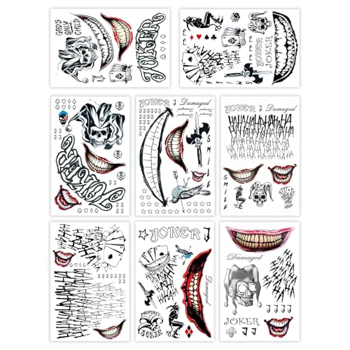 8 Sheets Joker Tattoos, Large-Size Waterproof Halloween Temp Tattoo for Men Women Adults, Suicide Squad Fake Stickers for Clown Costume Masquerade Cosplay Face Makeup Party Accessories