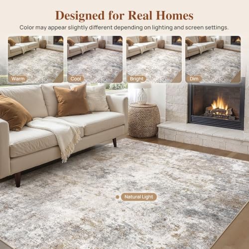 6x9 Rectangular Washable Neutral Abstract Area Rug - Non-Slip Bedroom Living Room Floor Mat - Brown Grey
