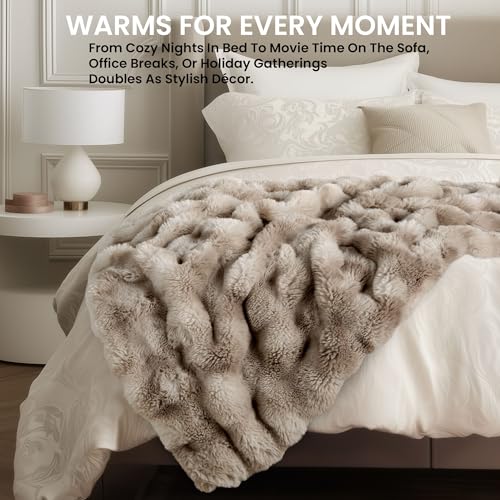 Blunique Tie-dye Light Taupe Electric Heated Throw Blanket, Faux Fur & Velvet, 6 Heat Settings, 50x60 inches