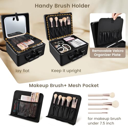 Makeup Case with Lighted Vanity Mirror, Makeup Organizer Box Travel Make up Case with LED Mirror Portable Cosmetic Train Case for Countertop Lockable Makeup Suitcase with Adjustable Dividers