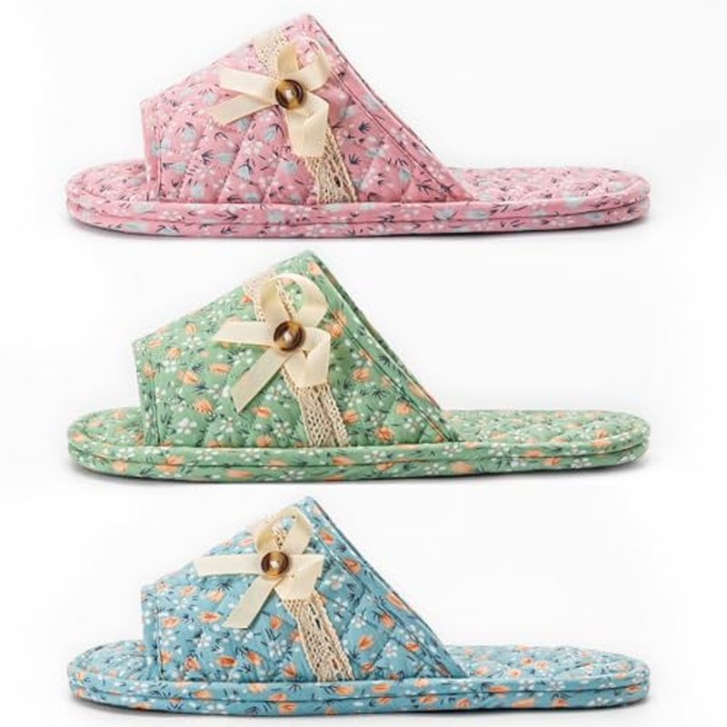 3 Pairs Floral Cotton House Slippers for Women, Open Toe Indoor Slippers Comfortable Washable Portable Foldable Guest Travel Hotel Airplane Spa Slippers