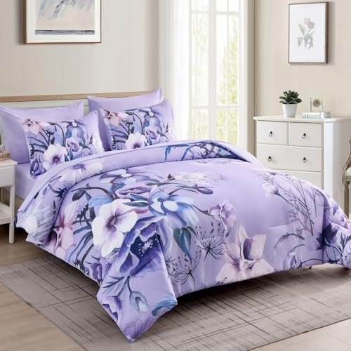 Luxudecor Queen Lavender Floral Comforter Set 7 Piece Bed in a Bag