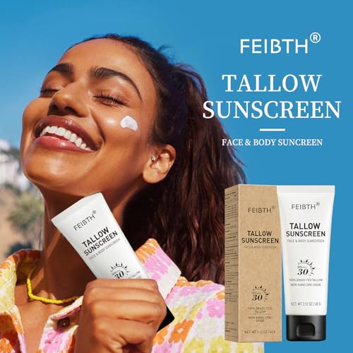Tallow Sunscreen, Beef Tallow Sunscreen with Zinc Oxide, Non-Greasy Formula for Face and Body, Travel Size 2 oz