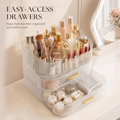 Large 360° Rotating Makeup Organizer with Drawer - Clear Acrylic Storage Display