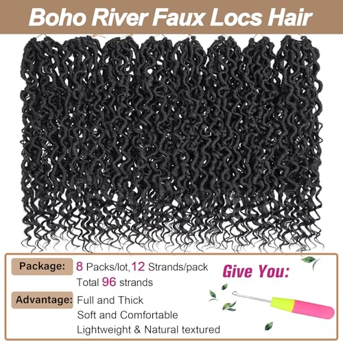20 Inch Black Goddess Crochet Locs Hair - Boho Faux Locs, 8 Packs, Variation 1B#