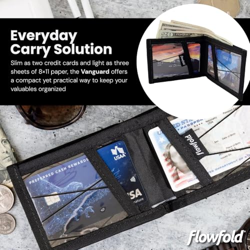 Flowfold Vanguard Recycled Sailcloth Bifold Wallet | Slim and Durable with Cash pocket, Two Hidden Card Pockets and Two ID Windows | Holds 10-12 Cards | Minimalist Wallet Made in USA | Blue Sailcloth