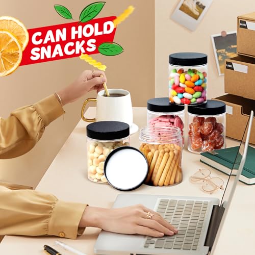 48 pcs 8 oz Plastic Jars with Black Screw-On Lids - Airtight Food Storage