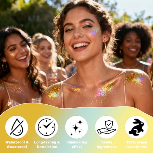 Roll-on Body Glitter Gel Holographic for Face and Hair,Body Glitter Gel Makeup for Kids Women,Body Shimmer Christmas Makeup for Rave Party.(Dazzling Gold)