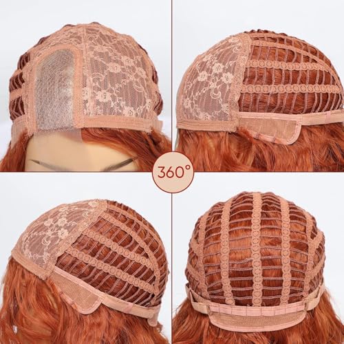 Lace Copper Red Wavy Wig for Women - Short Layered Synthetic Curly Hair, 14 Inch, Natural Look