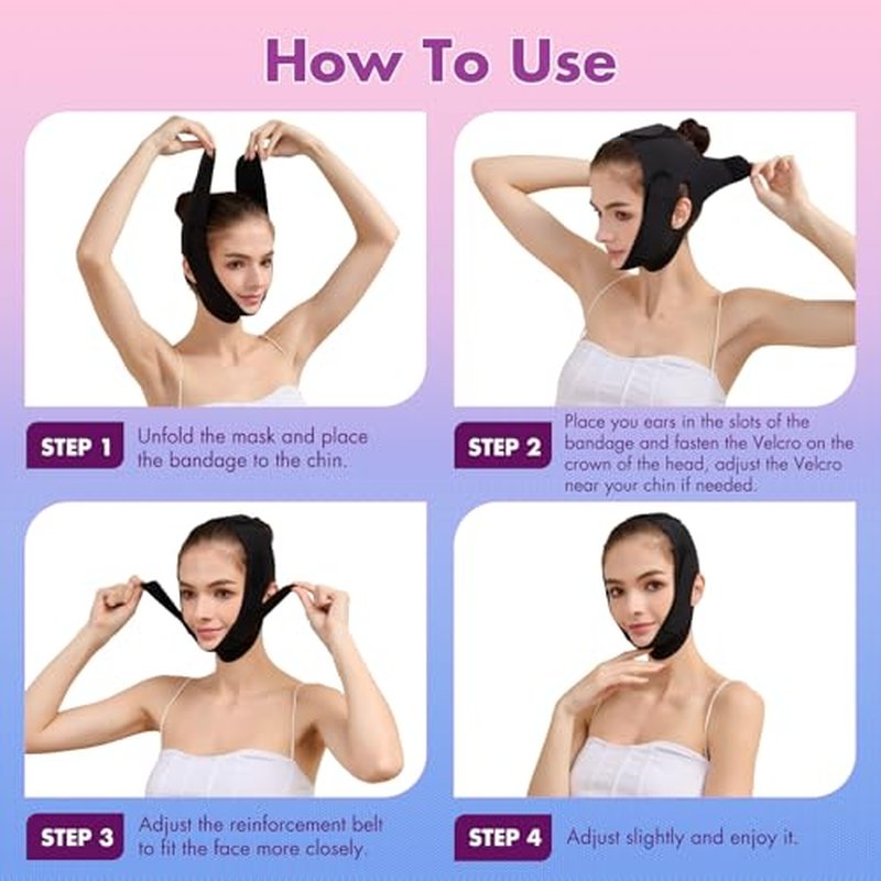 4 Pack Face Slimming Strap, Double Chin Reducer Band, Graphene V-Line Mask Chin Up Mask V Shaped Face Mask Chin strap for sleeping, V-Line Lifting for Women, Medium, 4 Black