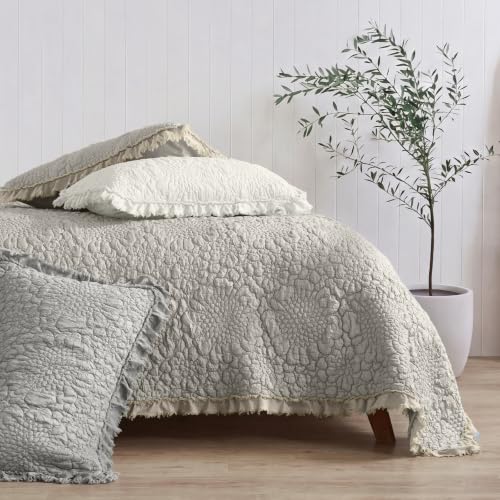 Beige Ruffled Quilt King Size Bedding Set - Rustic Farmhouse Microfiber, Reversible 3 Pieces
