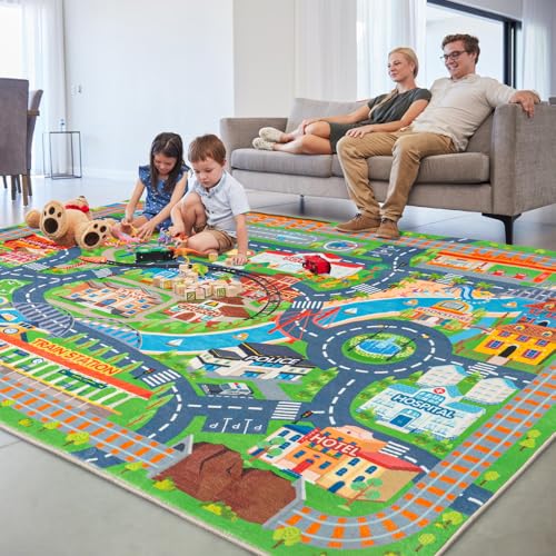 Green Town City 5x7 ft Car Play Mat for Kids Room - Traffic Road Rug for Imaginative Play