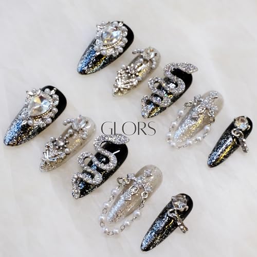 Luxury Long Almond Press-On Nails, Black and Silver Glitter with 3D Rhinestones and Pearl Accents, Handmade False Nail 10 Pieces (Small, LS)