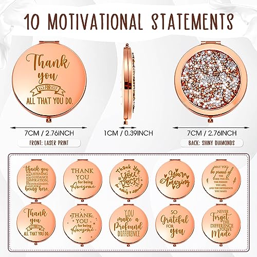 Kathfly 10 Pcs Employee Appreciation Gifts for Women Empowerment Gifts Inspirational Compact Mirror Thank You Gift Motivational Magnifying Pocket Mirror for Women History Month Volunteer(Rose Gold)