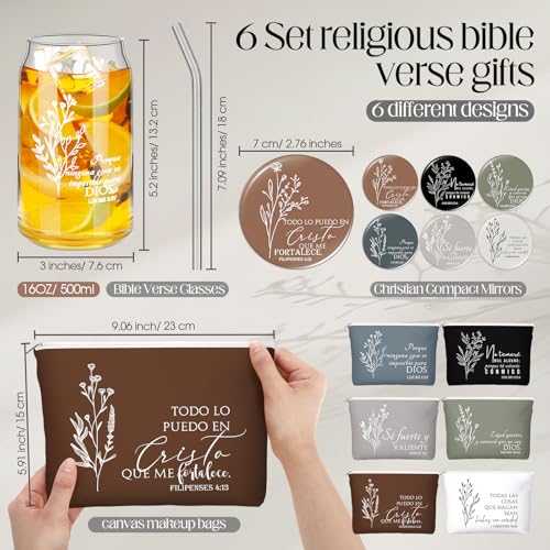 Christian Gift Set with Bible Style Accessories - 6 Pieces, Neutral Colors, 17oz Glass Cup, Makeup Bag & Mirror - Variation of 6 / Spanish Neutral Colors / 17 Ounces