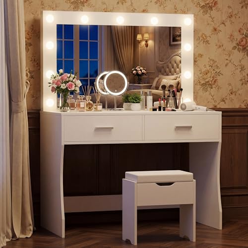 Pure White Vanity Desk with Lighted Mirror, 11 LED Lights, 2 Drawers & Stool