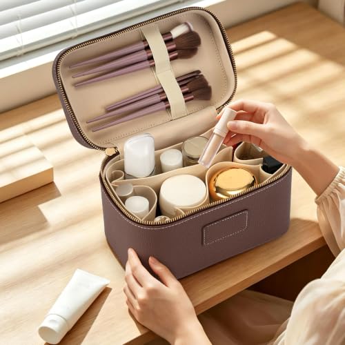 Brown Coffee Leather Makeup Bag Travel Toiletry Organizer with Removable Waterproof Divider