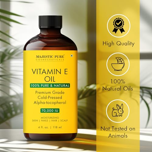 Majestic Pure Vitamin E Oil 4 Oz Vitamin E oil for Skin, Face Oil, Hair Oil and Body Oil- 100% Pure and Natural, 70,000 IU- Cold Pressed Hexane Free Non-GMO Gluten Free Formula (Pack of 2)