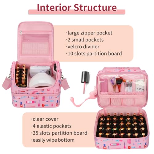 Nail Polish Organizer Case - Holds 45-90 Bottles & UV Nail Lamp, Nail Tech Organizers And Storage Bag for Nail Supplies & Manicure Kit & Pedicure Tools, Nail Technician Case (Cartoon Pink, 45 Slots)